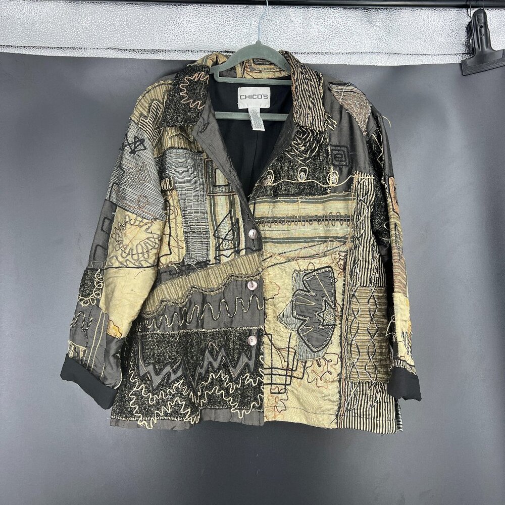 Chico's Jacket Patchwork Button Down Blazer 100% Silk Shell